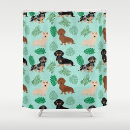 dachshund summer tropical monstera palms dog breed pure breed pets Shower Curtain