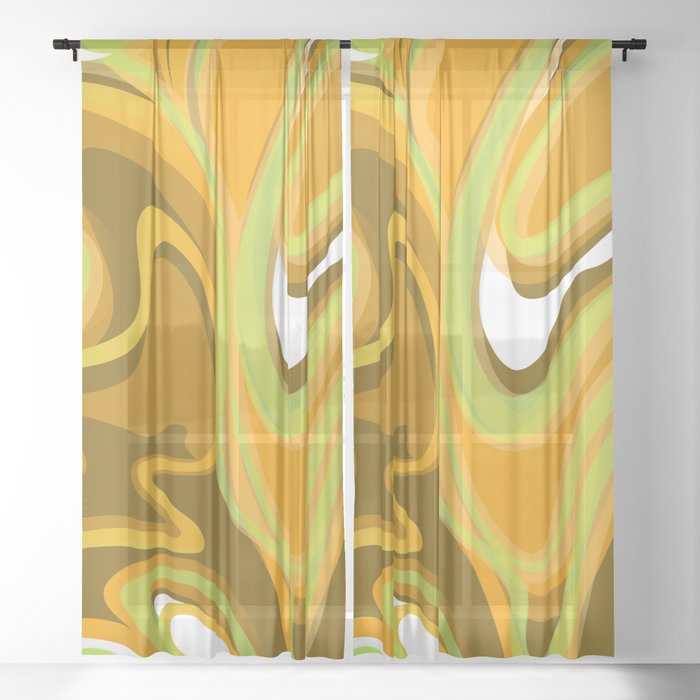 Liquify in Vintage 70s Colors // Brown, Avocado Green, Harvest Gold, Orange, White Sheer Curtain