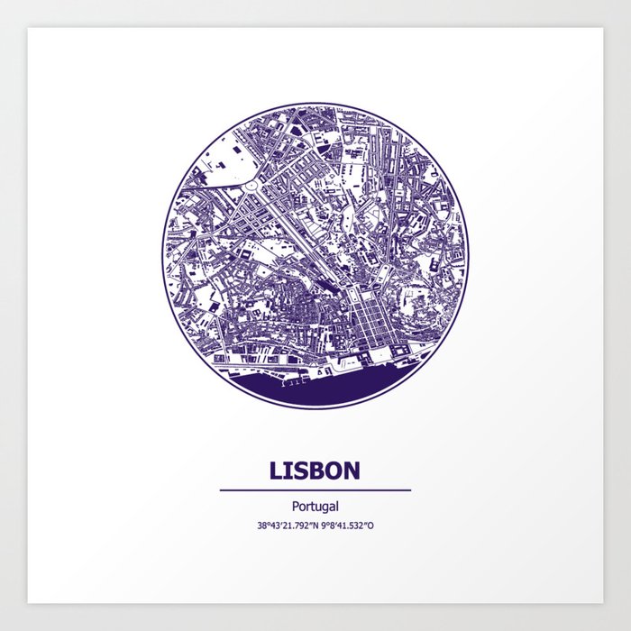 Lisbon city map coordinates Art Print