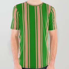 [ Thumbnail: Green and Dark Salmon Colored Lines/Stripes Pattern All Over Graphic Tee ]