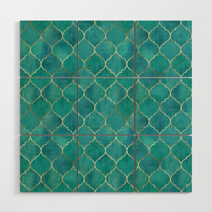 Turquoise Teal Golden Moroccan Quatrefoil Pattern Wood Wall Art