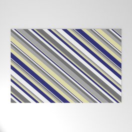 [ Thumbnail: Vibrant Dim Grey, Dark Gray, Pale Goldenrod, Midnight Blue, and White Colored Lined Pattern Welcome Mat ]