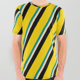 [ Thumbnail: Dark Cyan, Beige, Black & Yellow Colored Stripes/Lines Pattern All Over Graphic Tee ]