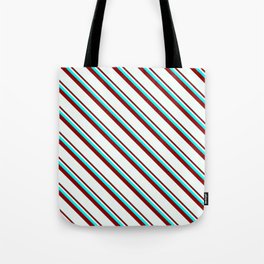 [ Thumbnail: Cyan, Dark Red & Mint Cream Colored Stripes Pattern Tote Bag ]