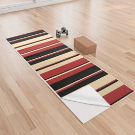 [ Thumbnail: Beige, Red, and Black Colored Striped Pattern Yoga Towel ]