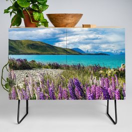 New Zealand Photography - Field Of Lupin Flowers By The Crystal Water Credenza
