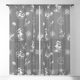 Dark Grey And White Silhouettes Of Vintage Nautical Pattern Sheer Curtain