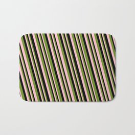 [ Thumbnail: Green, Pink, and Black Colored Striped Pattern Bath Mat ]