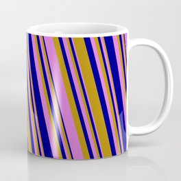 [ Thumbnail: Dark Goldenrod, Orchid, and Blue Colored Striped/Lined Pattern Coffee Mug ]