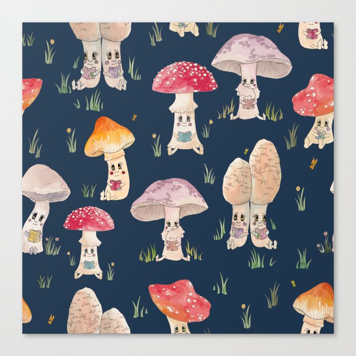 Cute Forest Mushrooms Reading Books Canvas Print