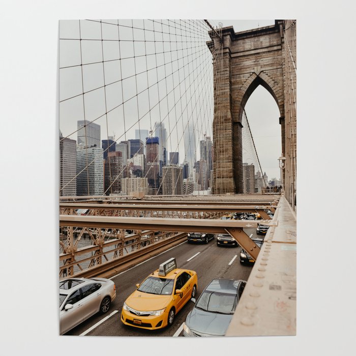 View on the manhatten from the Brooklyn Bridge in New York City, USA | New York City yellow caps driving | Travel photography | NY building architecture photo Art Print  Poster