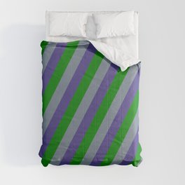 [ Thumbnail: Light Slate Gray, Dark Slate Blue & Green Colored Lines/Stripes Pattern Comforter ]