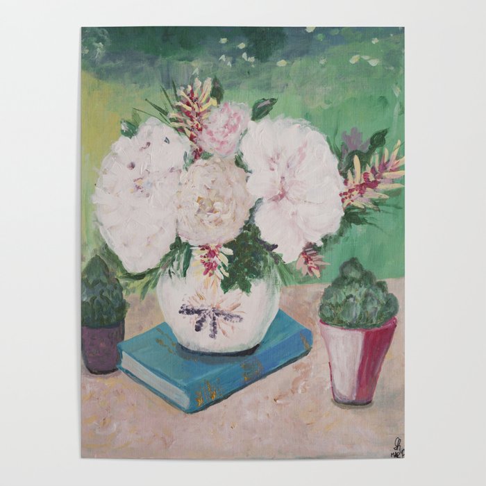 still life, painting, flowers, peony, book, succulents Poster