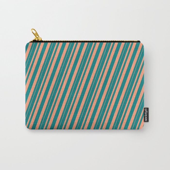 Teal and Light Salmon Colored Pattern of Stripes Carry-All Pouch
