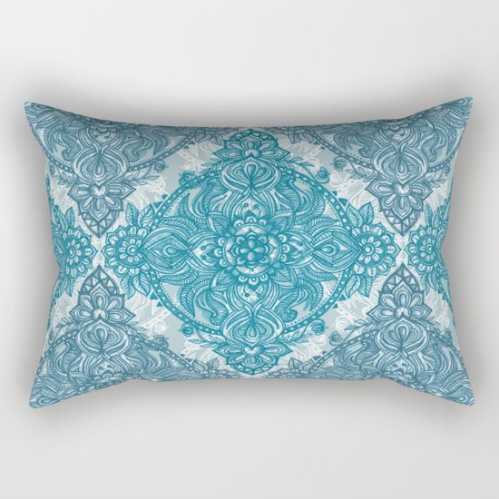 Teal & White Lace Pencil Doodle Rectangular Pillow