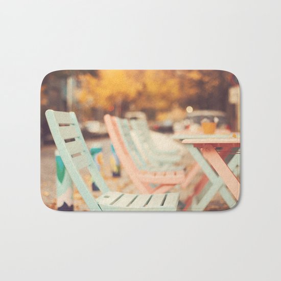 Dream Autumn (Pink and blue coffee shop chairs on retro and vintage fall) Bath Mat
