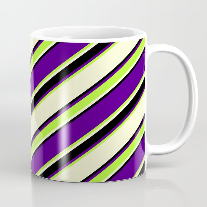 Indigo, Light Green, Light Yellow, and Black Colored Stripes Pattern Coffee Mug