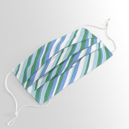[ Thumbnail: Sea Green, Cornflower Blue, White & Light Blue Colored Striped/Lined Pattern Face Mask ]