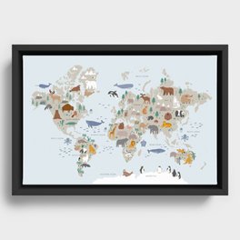 Animal World Map for Kids - Blue Framed Canvas