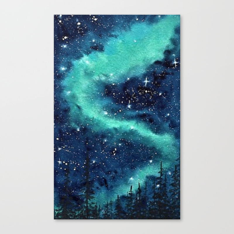 Northern Lights Galaxy Watercolor Landscape Painting Canvas Print