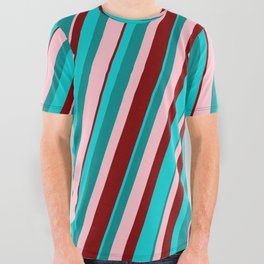 [ Thumbnail: Dark Turquoise, Dark Cyan, Pink & Maroon Colored Pattern of Stripes All Over Graphic Tee ]