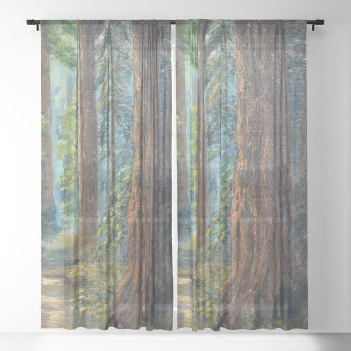 Big Basin Redwood Grove, California landscape painting by Leonora Naylor Penniman Sheer Curtain