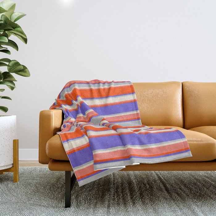 Eye-catching Slate Blue, Grey, Beige, Salmon, and Red Colored Striped Pattern Throw Blanket