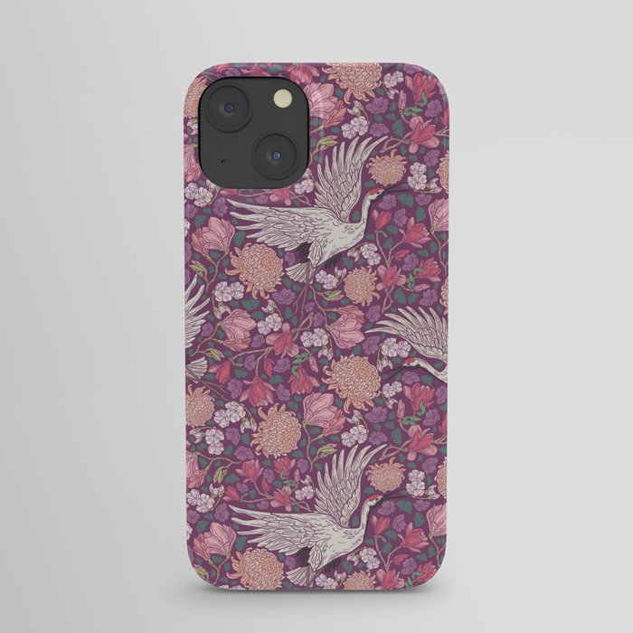 Cranes with chrysanthemums and pink magnolia on purple background iPhone Case