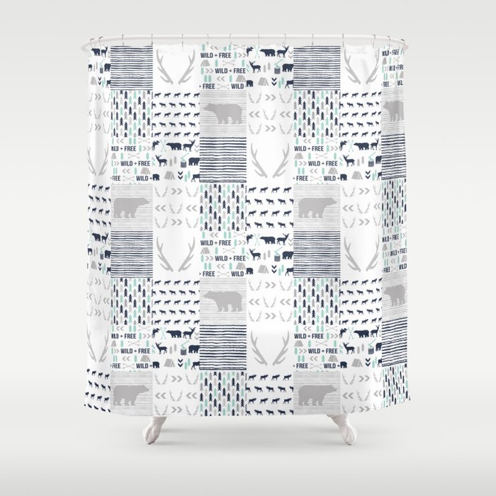 Camper Antlers Bears Pattern Minimal Nursery Basic Navy Mint Grey