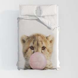 Baby Cheetah Blowing Bubble Gum, Pink Nursery, Baby Animals Art Print by Synplus Duvet Cover