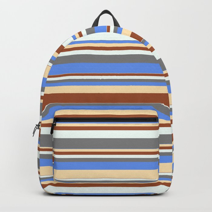 Colorful Sienna, Mint Cream, Gray, Cornflower Blue & Beige Colored Striped Pattern Backpack