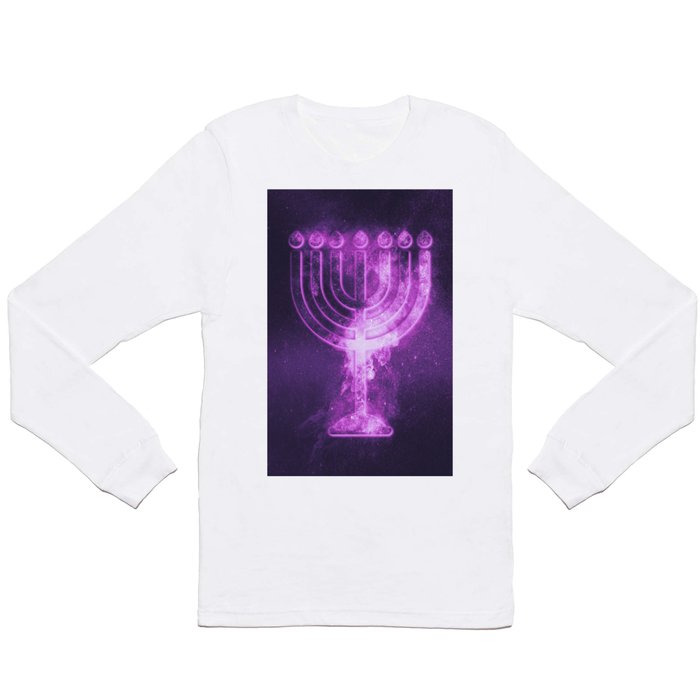 Hanukkah menorah symbol. Menorah symbol of Judaism. Abstract night sky background. Long Sleeve T Shirt