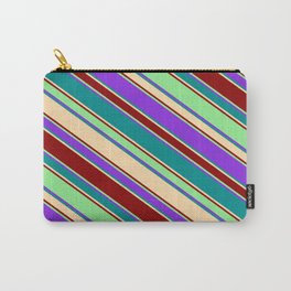 [ Thumbnail: Purple, Dark Cyan, Tan, Dark Red, and Light Green Colored Striped/Lined Pattern Carry-All Pouch ]