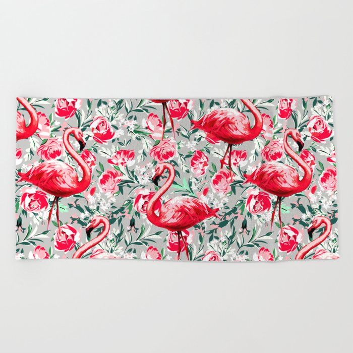 Flamingos and Flowers Beach Towel