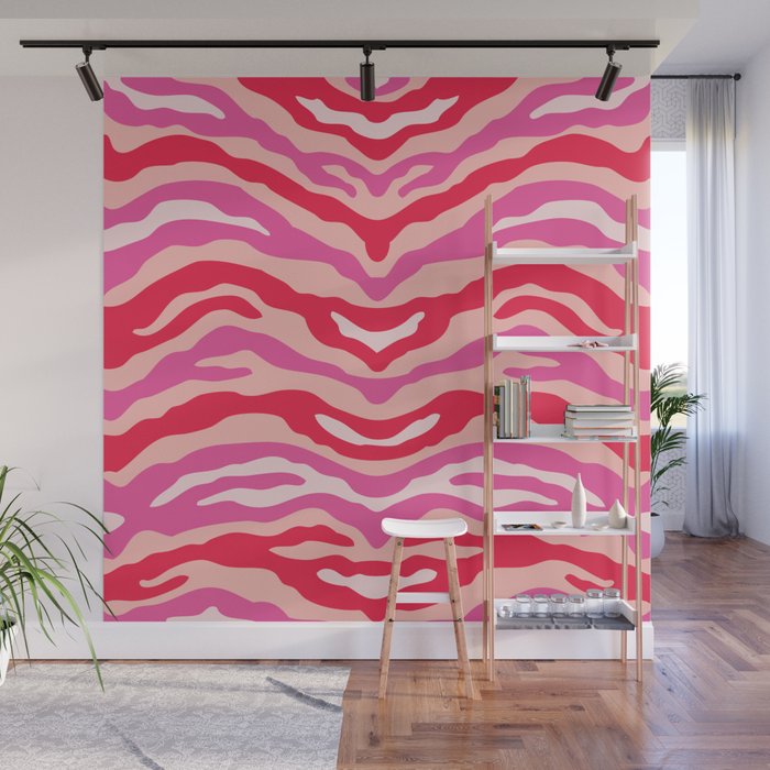 Zebra Wild Animal Print Red Pink and Beige Wall Mural