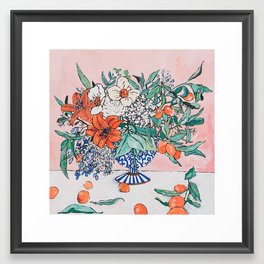 California Summer Bouquet - Oranges and Lily Blossoms in Blue and White Urn Framed Art Print