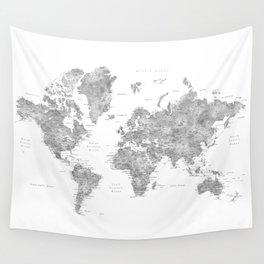 Grayscale watercolor world map with cities Wall Tapestry