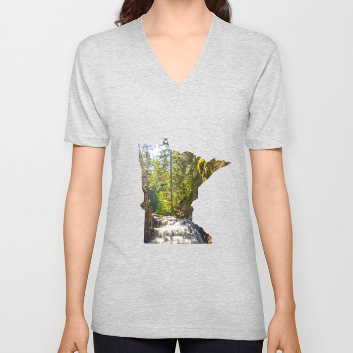 Minnesota Map | Waterfall and River Canyon V Neck T Shirt