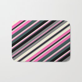 [ Thumbnail: Grey, Beige, Hot Pink, Dark Slate Gray, and Black Colored Lines/Stripes Pattern Bath Mat ]
