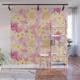 Flower Power Bold Multicolored Pink Orange Yellow Purple with White Outlines Botanical Pattern Wall Mural