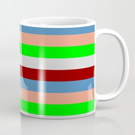 [ Thumbnail: Eye-catching Dark Salmon, Lime, Light Gray, Dark Red, and Blue Colored Lined Pattern Coffee Mug ]
