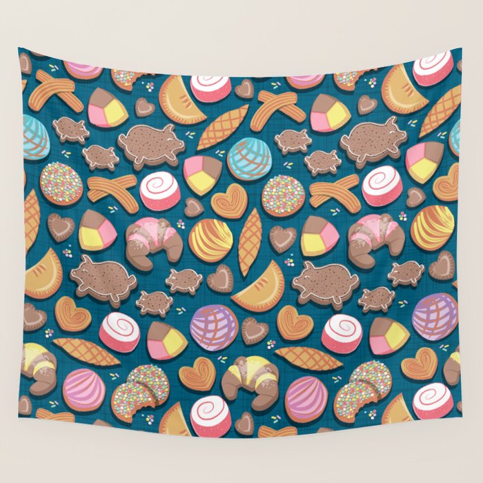 Mexican Sweet Bakery Frenzy // turquoise background // pastel colors pan dulce Wall Tapestry by
