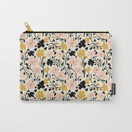 Winter Solstice Floral in Pink and Black | Pattern Collection  Carry-All Pouch | Softpink, Floralpattern, Softpattern, Yellowwildflowers, Painting, Yellowandpink, Wintersolstice, Midnightgarden, Blackandpink, Blackvines 