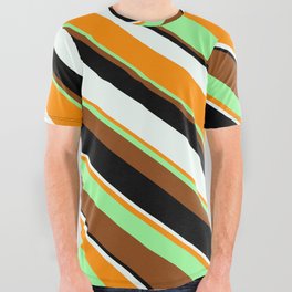 [ Thumbnail: Eyecatching Mint Cream, Dark Orange, Green, Brown, and Black Colored Lines/Stripes Pattern All Over Graphic Tee ]