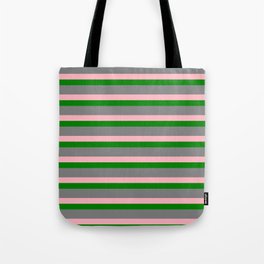 [ Thumbnail: Gray, Light Pink & Green Colored Lines/Stripes Pattern Tote Bag ]