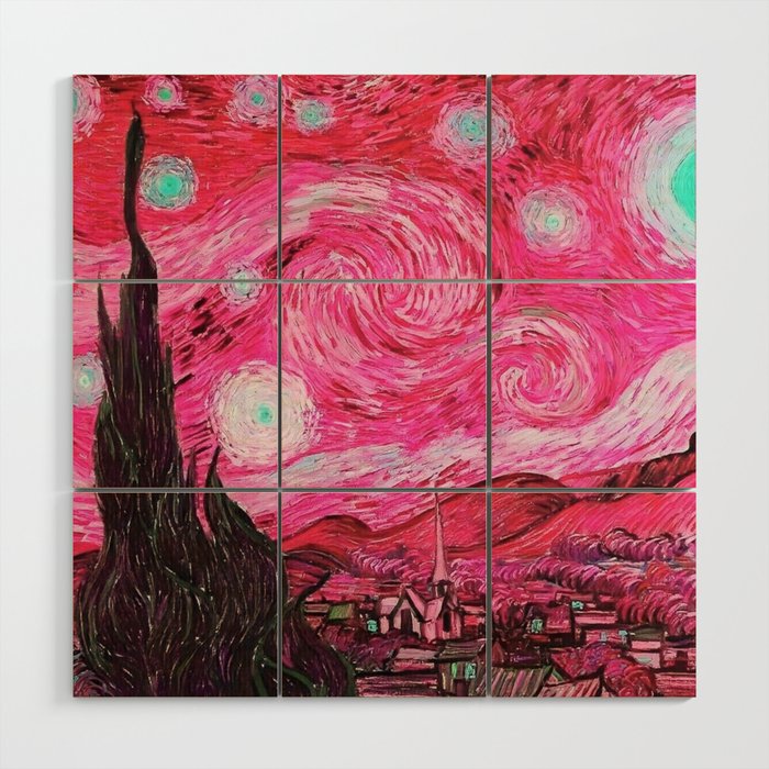 The Starry Night - La Nuit étoilée oil-on-canvas post-impressionist landscape masterpiece painting in alternate fuchsia pink and baby blue by Vincent van Gogh Wood Wall Art