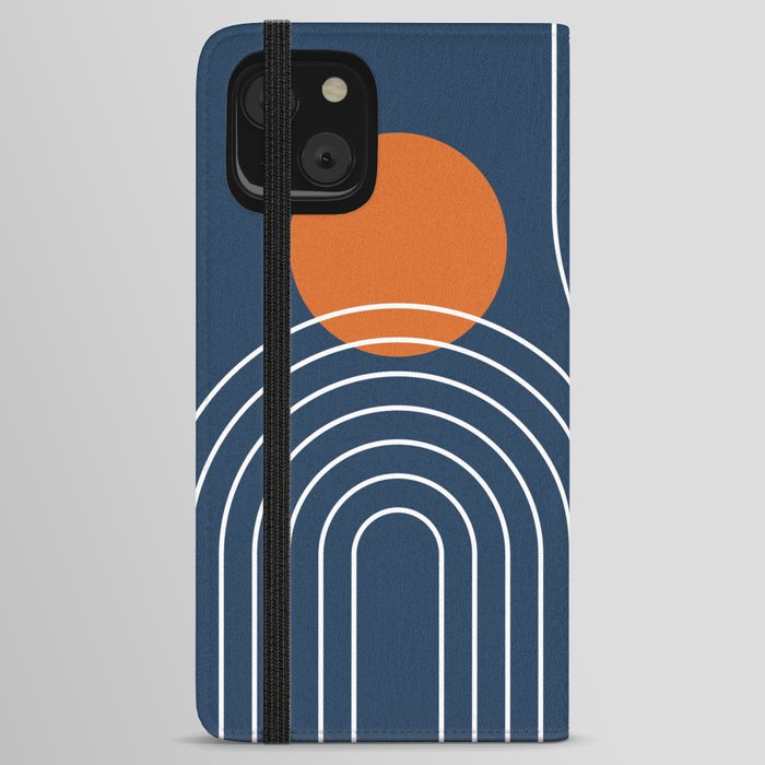 Mid Century Modern Geometric 83 in Navy Blue and Orange (Rainbow and Sun Abstraction) iPhone Wallet Case