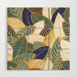 Leaf wall // navy blue pine and sage green leaves golden lines Wood Wall Art