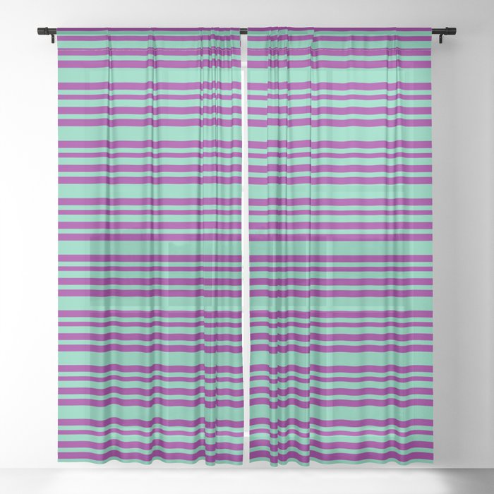 Aquamarine & Purple Colored Striped/Lined Pattern Sheer Curtain