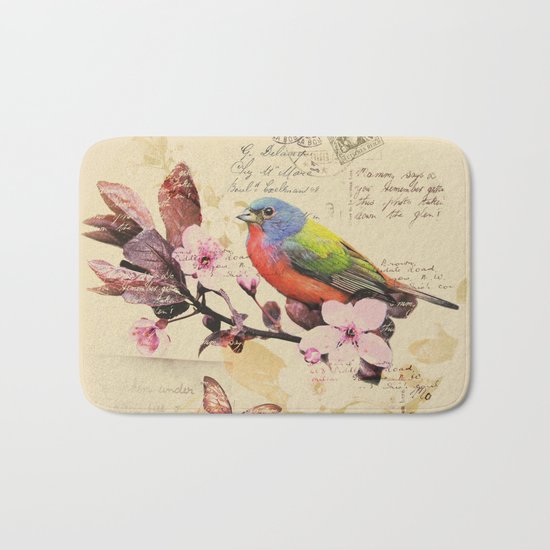 Vintage illustration with bird and butterfly Bath Mat